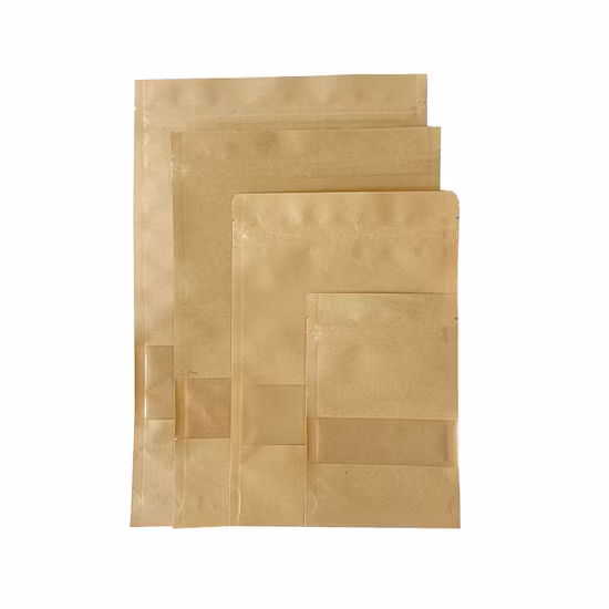 Petit sac biodégradable imprimé personnalisé pour café, thé, emballage alimentaire, sac ziplock en papier kraft brun, pochette debout avec fermeture éclair et fenêtre